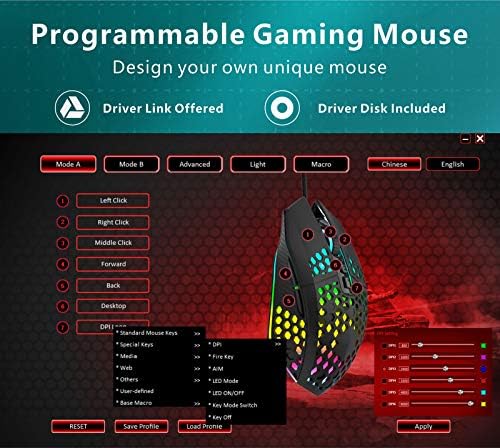 Uiosmuph x801 עכבר משחק קווי, עכבר משחק קל משקל קל משקל עם תאורה אחורית של RGB, 7 כפתורים לתכנות ושולחן עבודה בלחיצה אחת, 8000