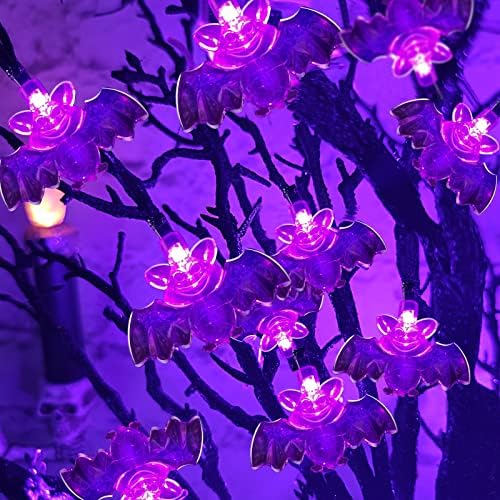 Turnmeon 24 / 2ft Challoweenue עם 24 אורות סגולים LED ו- 25 סוללת טיימר עטלף מוארת מופעלת עץ מלאכותי מפחיד ומפחיד לקישוטים