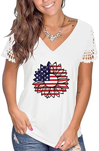 צמרות דגל אמריקאיות נשים נ 'צוואר תחרה חלולה חולצות שרוול קצר