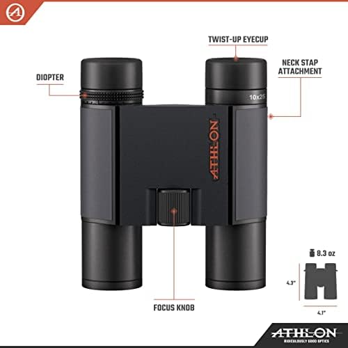 Athlon Optics 10x25 Midas G2 UHD משקפת שחורה עם הקלה בעיניים למבוגרים וילדים, משקפת גבוהה בעלת עוצמה גבוהה לציד,