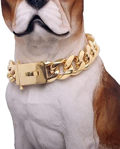 צווארון כלבי שרשרת זהב של Baobote עם אבזם הצמד מאובטח, צווארון כלב קישור קובני, 19 ממ, צווארון פיטבול כבד של הלעיסה