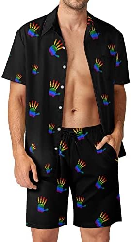 WeedKeycat להטב טביעת יד גאווה תלבושות חוף לגברים 2 חלקים כפתור הוואי למטה חולצה קצרה שרוול ומכנסי תא מטען קצרים
