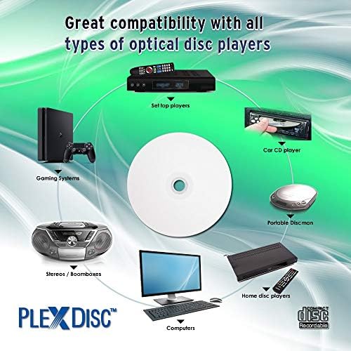 Plexdisc 95252 CD -R 700MB 52X דיו לבן הניתן להדפסה - 100pk ציר תסכול אריזה בחינם, 100 דיסקים