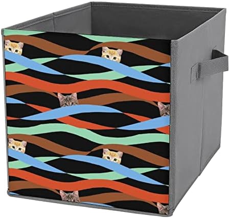 קוביות אחסון של חתולי סרט צבעוני עם ידיות פחי בד מתקפלים המארגנים סלים לארון מדפים