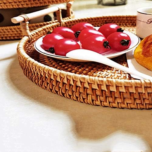 מגש עגול של סל אחסון ארוג ביד, סל נצרים של Rattan עם ידית, לחם, פירות, צלחת ארוחת בוקר אוכל