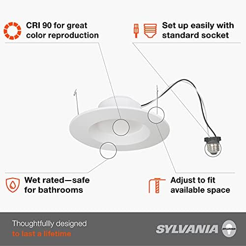 Sylvania 5 /6 LED תאורה שקועה תאורה עם קיצוץ, ניתן לעמעום, 9W = 65W, 675 לומן, לבן רך, 3000K, מדורג רטוב - 4 חבילה
