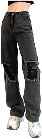 LARIAU קרע ג'ינס נשים ישר רגל רחבה רופפת רופפת במצוקה מכנסי מכנסי מכנסי מכנסיים שחור