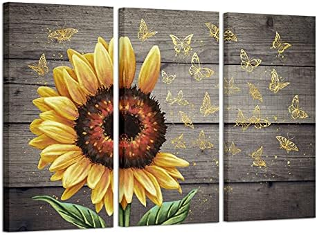ארטסביי חמניות קיר אמנות דקור צהוב פרח עם זהב פרפר עף תמונות ציור קיר תפאורה בד הדפסת מודרני חמניות אמנות בית תפאורה יצירות
