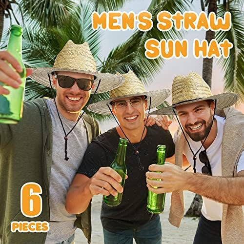 סיווי 6 חתיכות גברים של קש שמש כובע רחב ברים קיץ חוף כובע חקלאי שמש הגנת קש כובע עם נשלף רוח שרוך צהוב