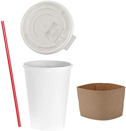 כוסות קפה חד פעמיות של טזוריו 10 אונקיות עם מכסים שטוחים ושרוולים משולבים, בוחשי בונוס, כוסות חמות מנייר לבן