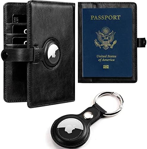 ארנק דרכון נסיעות עם מחזיק איירטג,מחזיק כרטיס חיסון דרכון עם מחזיק מפתחות מטען תג אוויר, דרכון עור כיסוי ארנק מחזיקי כרטיס