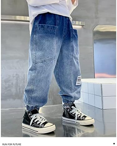 מכנסי ג 'ינס לבנים לא צמודים טרנד מתאים לילדים ג' ינס מכנסי מטען רחבים עם כיסים