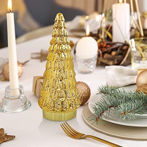 Shmilmh Gold Mercury זכוכית עץ חג המולד 1 יח ', עץ חג המולד של השולחן עם אור, המופעל על סוללה עץ חג המולד קטן לקישוטים למרכזי