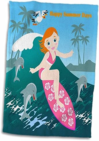 נערת חוף רוז תלת מימד גולשת גל גדול עם חברות דולפין ומגבת שחף, 15 x 22