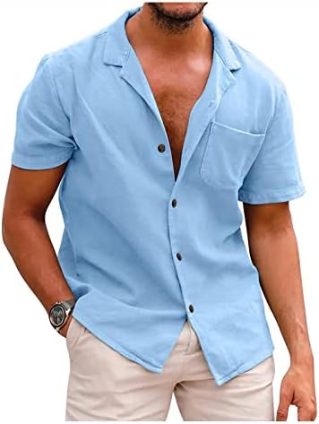 חולצות פשתן כותנה לגברים 2023 קיץ אופנתי צבע אחיד כפתור מזדמן חולצה עם כיסים צמרות שרוול קצרות נוחות