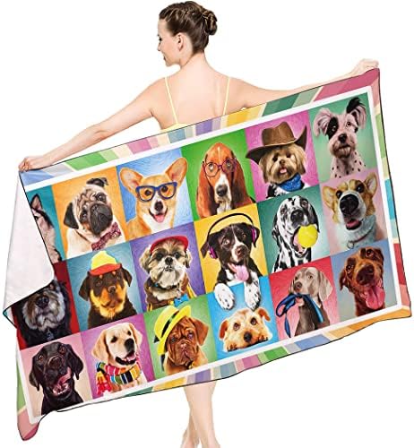 מגבת חוף כלבים מצחיקה של Yisumei, של דפוס כלבים חמוד, 36 x72 מיקרופייבר מהיר יבש וחול מגבת למבוגרים ילדים