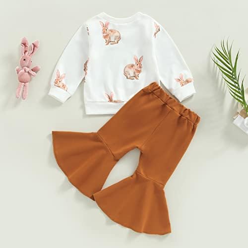 פעוטות תינוקת פסחא תלבושת ארנב הדפס שרוול ארוך צוות צוואר סווטשירטים עליון בצבע אחיד מכנסיים מכנסיים סט בגדים