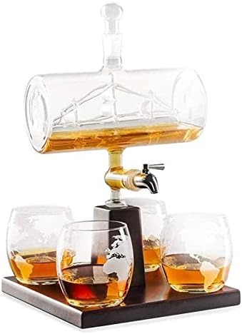 סט קנקן ויסקי עם 4 כוסות & מגבר; מעמד עץ אלון, מתקן ליקר ייחודי עבור ויסקי, רום & מגבר; בקבוקי יין אלכוהול