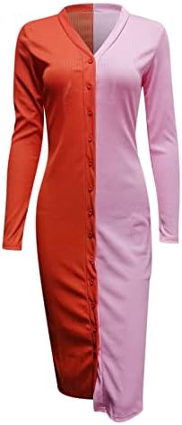 נשים מידי ארוך שמלת צבע בלוק טלאי עיפרון שמלה ארוך שרוול עמוק צווארון כפתור למטה סלים מתאים סוודר שמלות