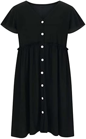 שמלת מידי יומית בסיסית לנשים כפתור צווארון מוצק למטה שרוול קצר קפלים שמלה זורמת באורך הברך