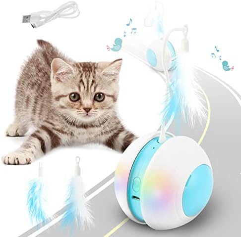 צעצועי חתול אוזיראליים לחתולים פנימיים, צעצועי חתול אינטראקטיביים עם צליל ציפור, גלגול אוטומטי של 360 שניות, מעטפת גומי