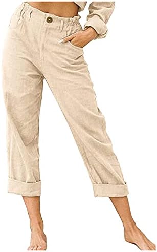 מכנסי פשתן כותנה לנשים מכנסי חוף אלסטיים אלסטיים מזדמנים מכנסי חוף רגליים מרגיעים מכנסי טרנינג משיכת קיץ עם כיסים