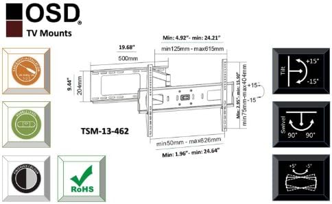 OSD Audio TSM-13-462 שתי סדרות ARM סדרות כבד הטיה ומסתובבת קיר קיר מטוס בגודל 32 אינץ 'עד 60 אינץ' טלוויזיה